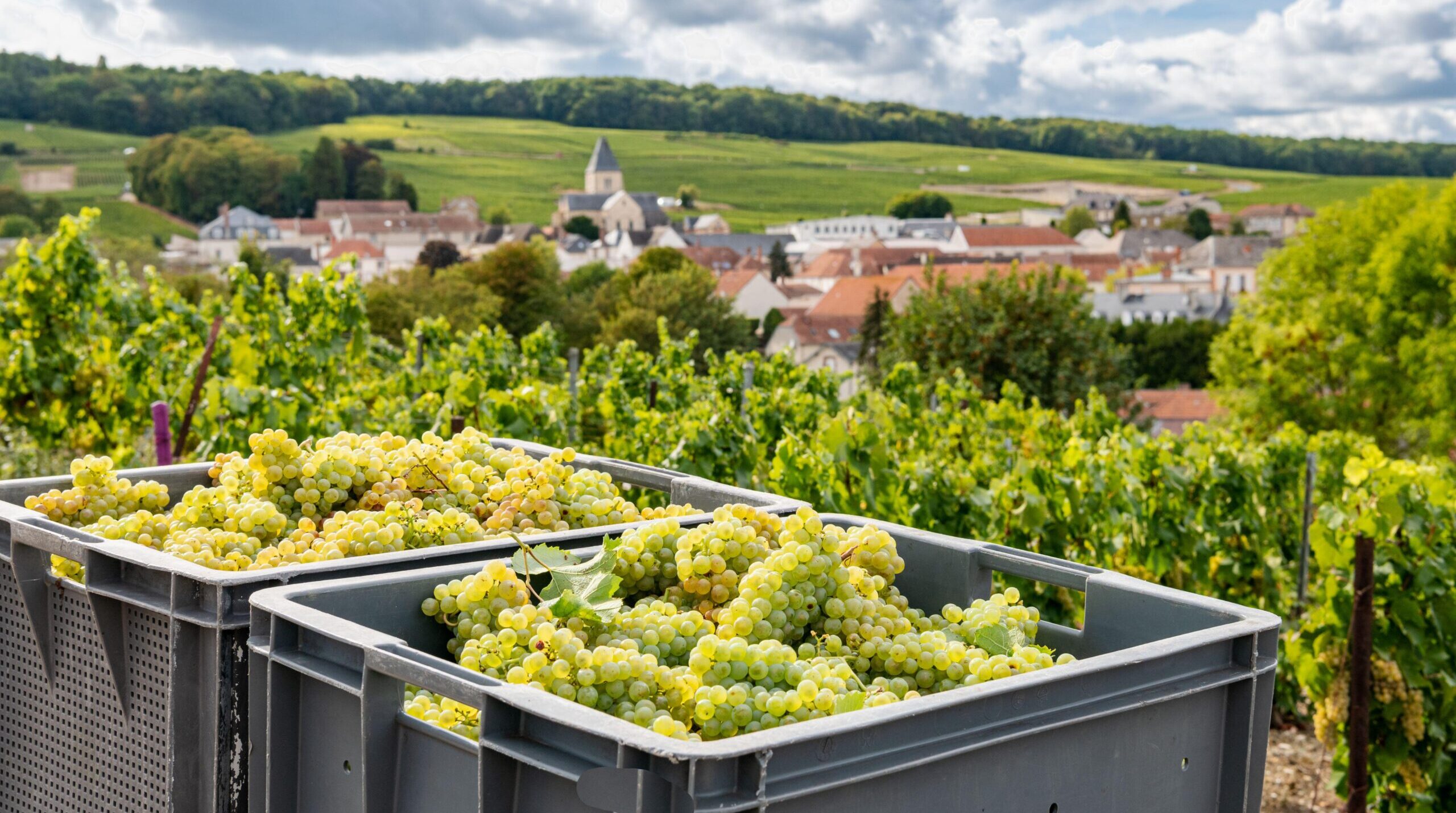 Oger (north-eastern France): grape harvest in a Champagne vineyard. Seasonal workers harvesting grapes in the rows of vines, with the village of Oger